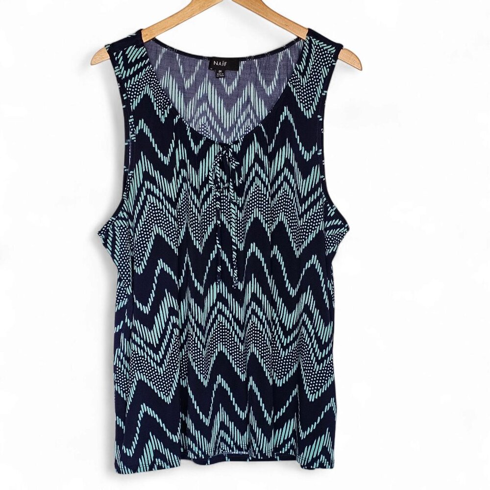 Naif Womens Sleeveless Top Navy Teal Chevron‎ Print Tank Top Size 2X Stretch
